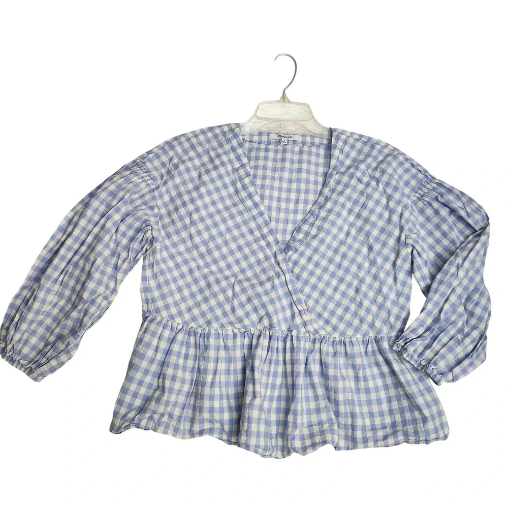 Madewell Blue White Gingham Cotton Wrap Peplum Puff Sleeve Top Sz M Romantic